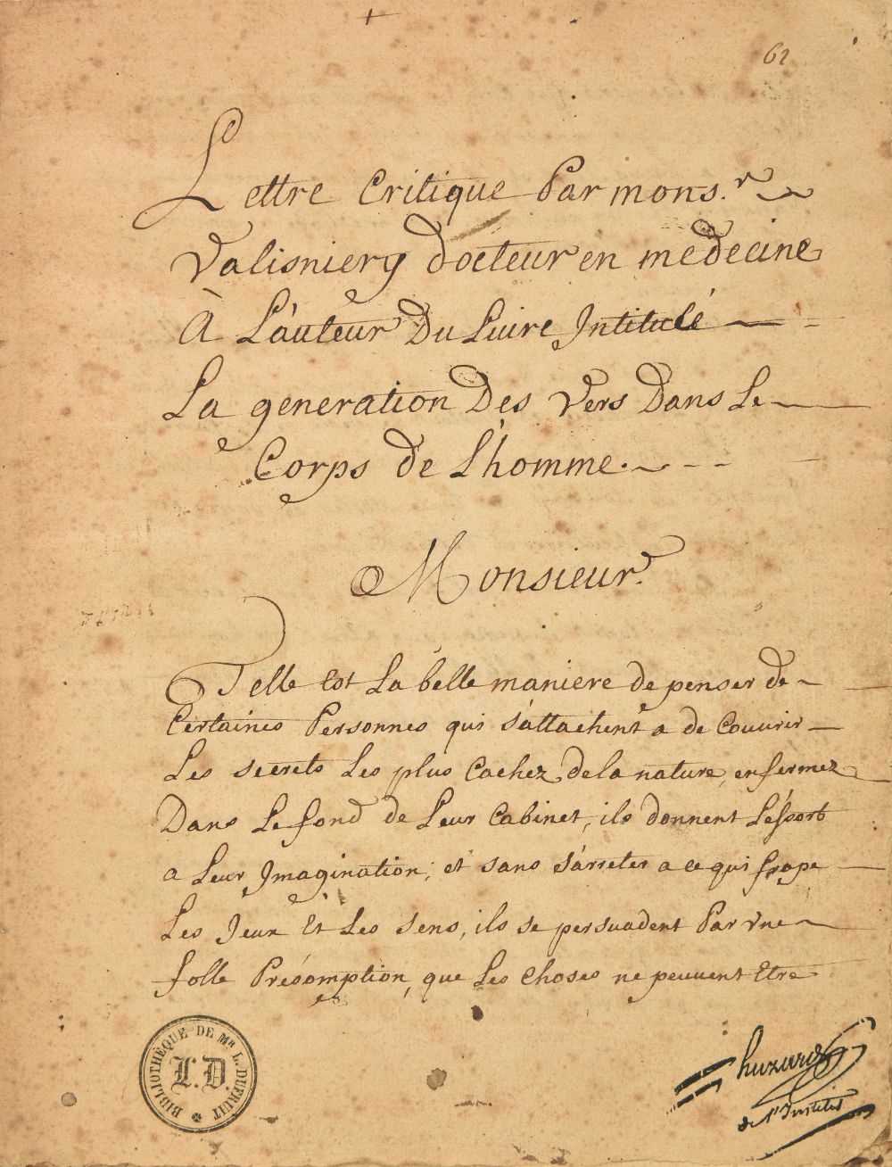 Lot 137 - Vallisnieri, (Antonio, 1661-1730). Lettre critique par monsr. Valisniery, c.1720