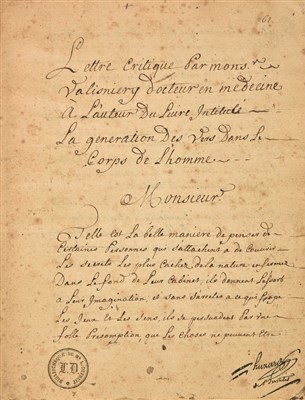 Lot 264 - Vallisnieri, (Antonio, 1661-1730). Lettre critique par monsr. Valisniery, c.1720