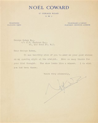 Lot 242 - Coward (Noel, 1899-1973). Three type letters signed