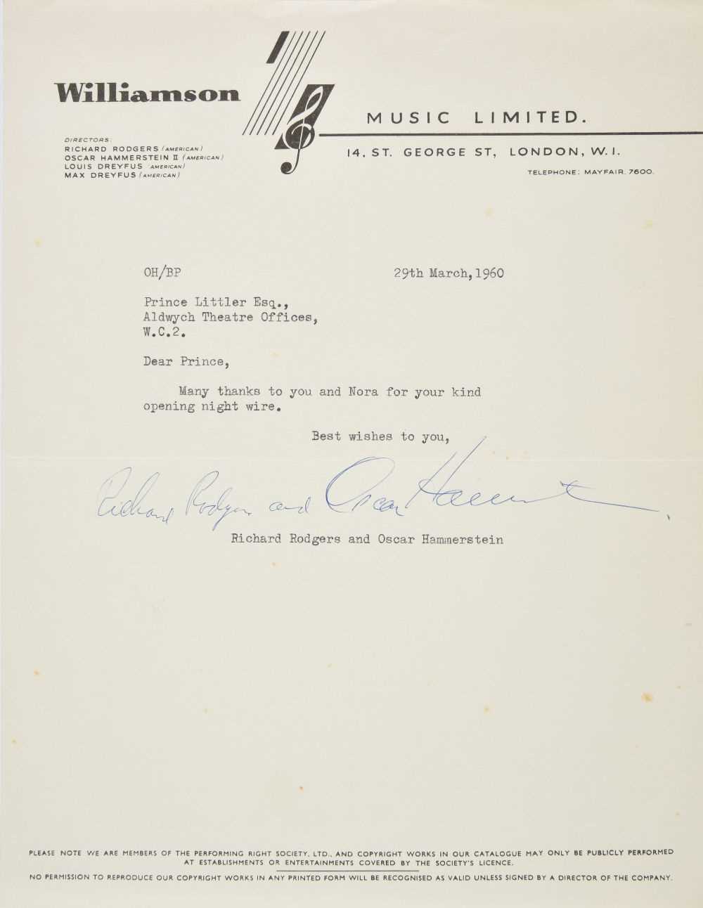 Lot 256 - Rodgers (Richard & Hammerstein, Oscar). Typed letter signed, 1960