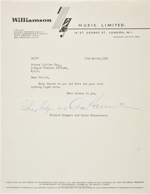Lot 256 - Rodgers (Richard & Hammerstein, Oscar). Typed letter signed, 1960