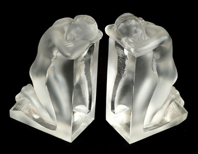 Lot 88 - Lalique (Rene, 1860-1945). A pair of Lalique glass bookends in the form of a kneeling female nude