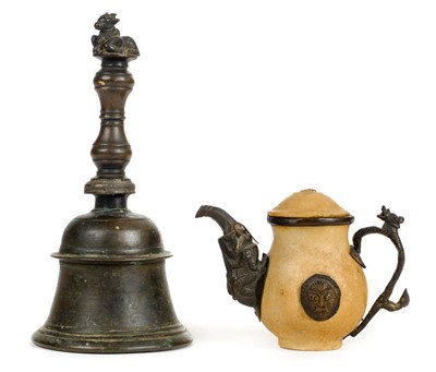 Lot 108 - Teapot. A 19th century Tibetan alabaster teapot with bronze mounts