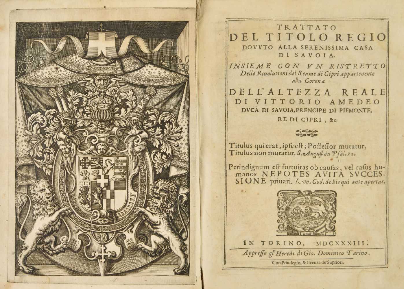 Lot 374 - Monod (Pierre). Trattato del titolo regio dovuto all serenissima casa di Savoia, 1st edition, 1633
