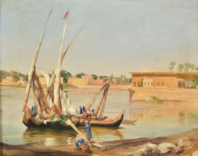 Lot 342 - Lavery (John, 1856-1941, attributed to). Moroccan river scene with Arab dhows