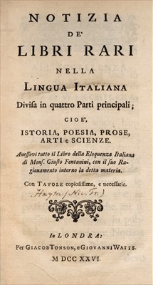 Lot 103 - Haym (Nicola Francesco). Notizia de' libri rari nella Lingua Italiana, 1726