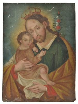 Lot 271 - Spanish Colonial School. Saint Joseph holding the infant Christ, mid 19th century