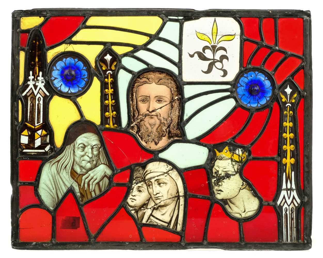 Lot 76 - Stained glass panel. A 19th century stained glass panel incorporating some early glass fragments
