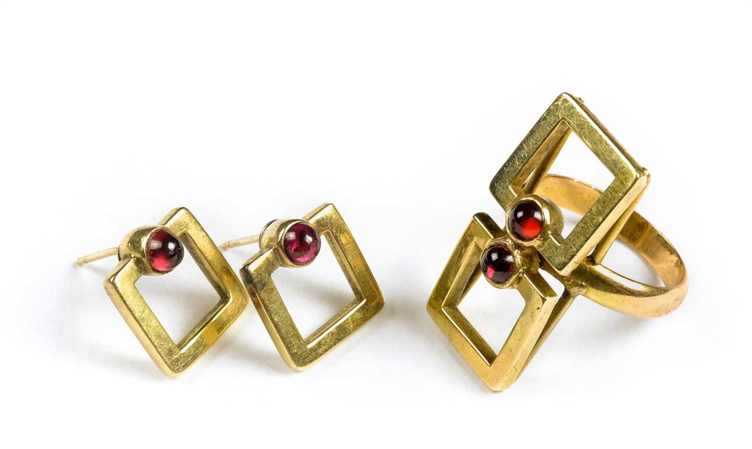 Lot 18 - Ring. A 14ct Gold Suite comprising ring and a pair of earrings, circa 1970s