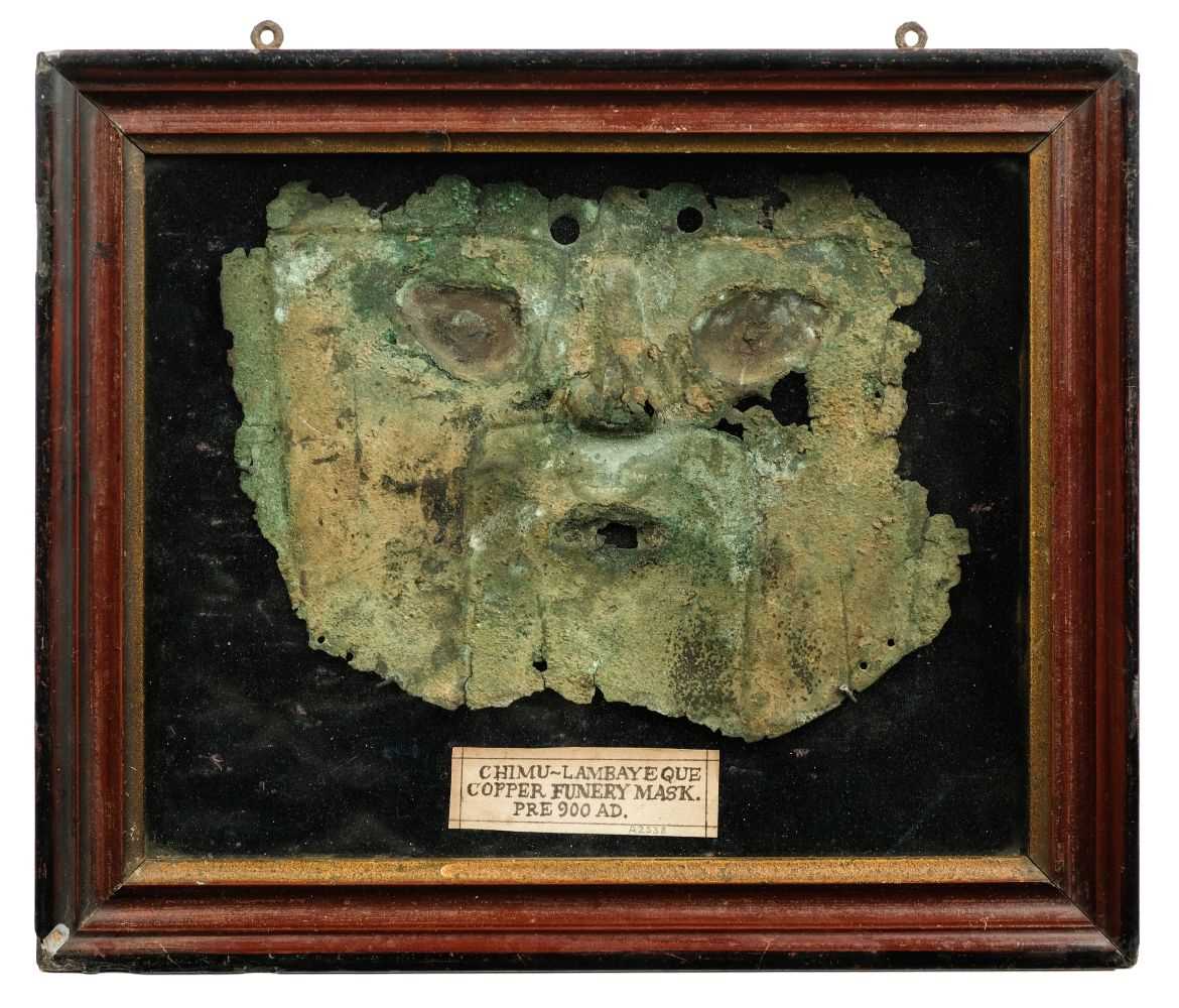 Lot 121 - Chimu Funerary Mask. A copper funerary mask from the Lambayeque Valley