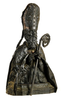 Lot 152 - Ecclesiastical Sculpture. A Continental patinated pressed metal sculpture of a bishop, circa 1900