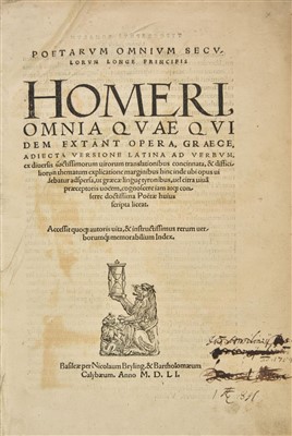 Lot 355 - Homer. Omnia quae quidem extant opera, Graece, adiecta versione Latina ad verbum, 2 parts in 1, 1551