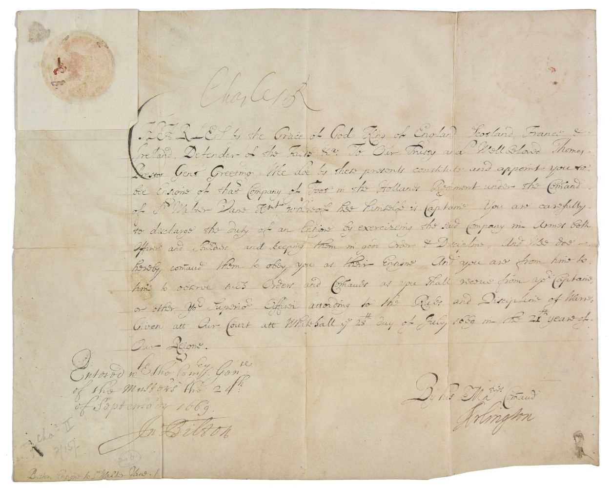Lot 227 - Charles II (1630-1685, King of England). Document signed, 'Charles R', 28 July 1669