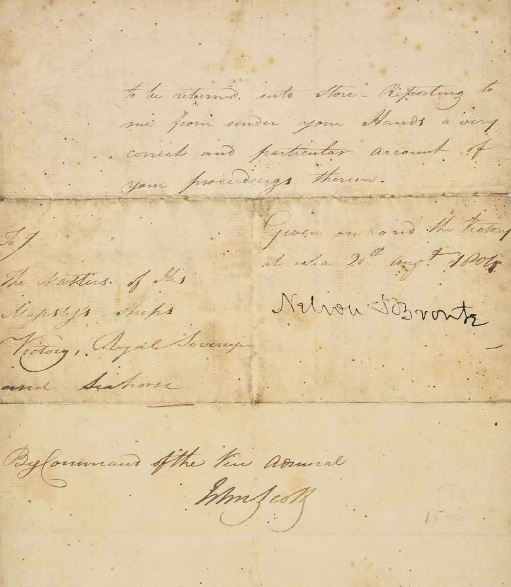 Lot 255 - Nelson (Horatio, 1758-1805). A memorandum... Masters of the Victory, Royal Sovereign and Seahorse