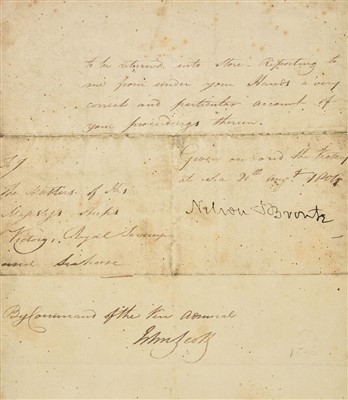 Lot 255 - Nelson (Horatio, 1758-1805). A memorandum... Masters of the Victory, Royal Sovereign and Seahorse