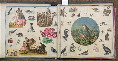 Lot 260 - Scrap Album. A large Victorian scrap album on linen leaves, 1869-79