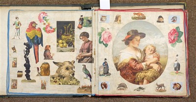 Lot 260 - Scrap Album. A large Victorian scrap album on linen leaves, 1869-79