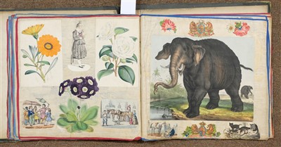 Lot 260 - Scrap Album. A large Victorian scrap album on linen leaves, 1869-79