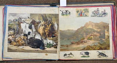 Lot 260 - Scrap Album. A large Victorian scrap album on linen leaves, 1869-79