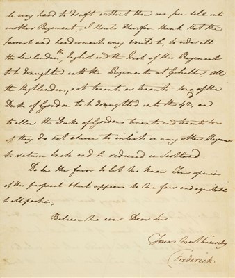 Lot 269 - Prince Frederick Augustus, Duke of York and Albany (1763-1827). An autograph letter signed