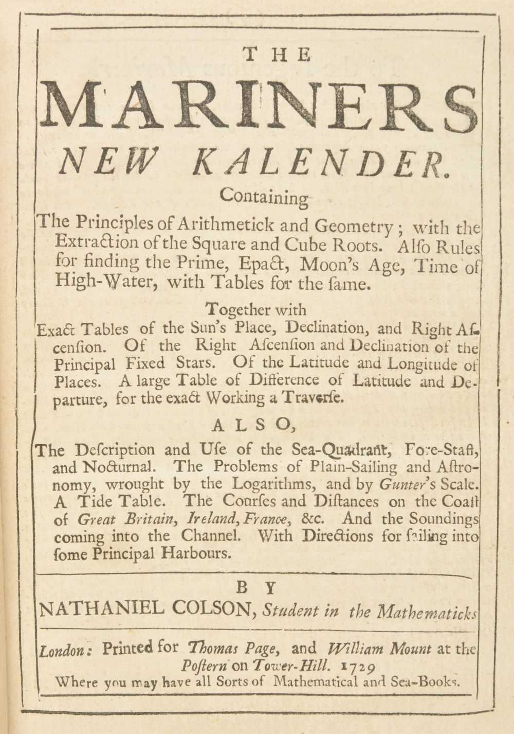 Lot 337 - Colson (Nathaniel). The Mariners New Kalender. 1729