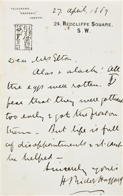 Lot 240 - Haggard (Henry Rider, 1856-1925). Autograph letter signed, 'H. Rider Haggard', 27 April 1889
