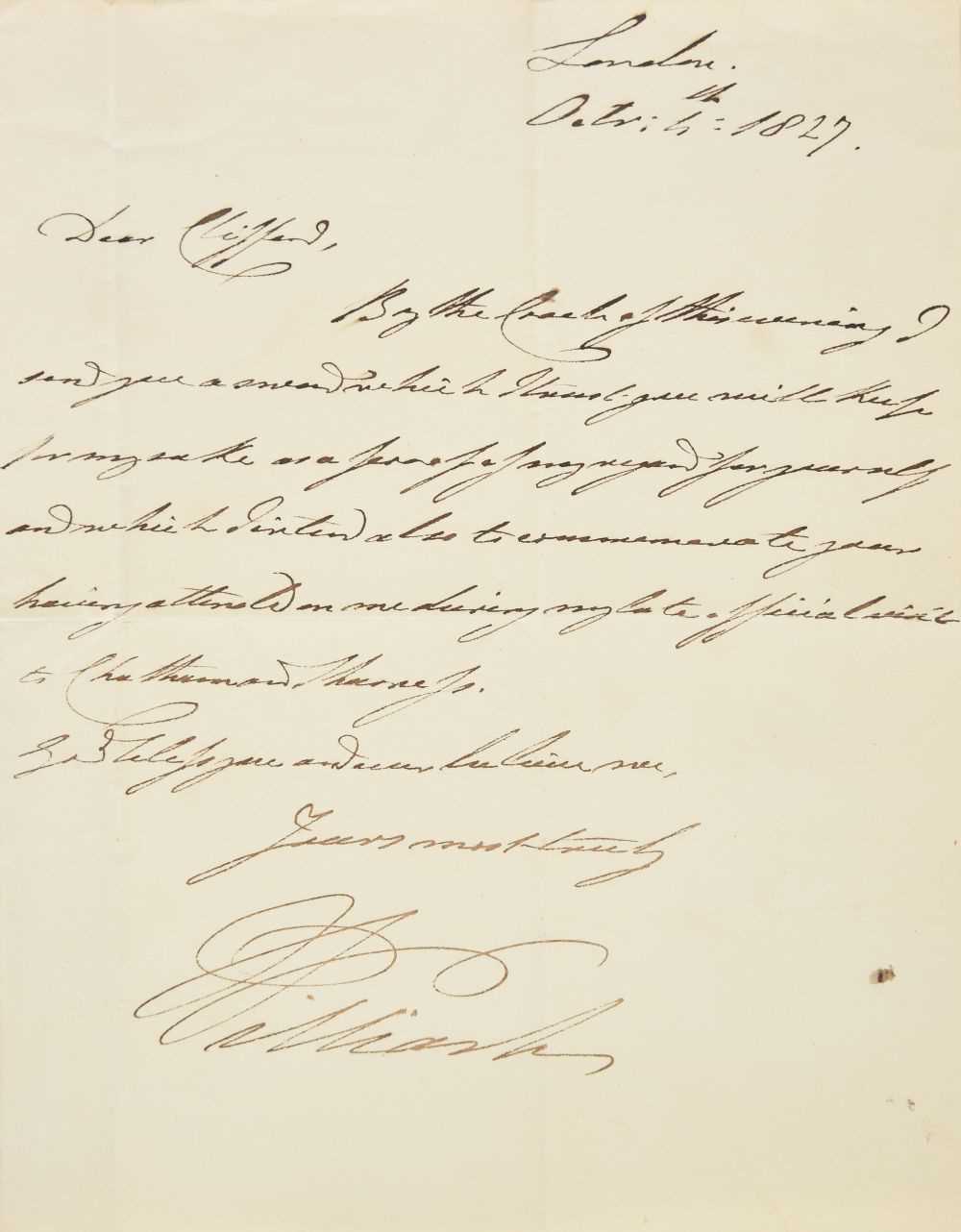 Lot 279 - William IV (King of England, 1765-1837). Autograph letter signed, London, 4 October 1827