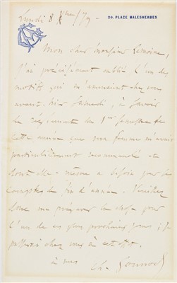 Lot 239 - Gounod (Charles, 1818-1893). Two autograph letters signed, Ch. Gounod', 1879 & 1882