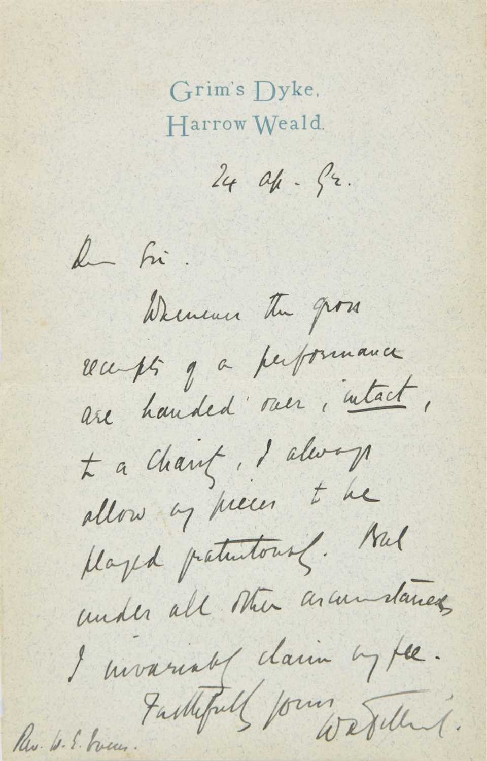 Lot 265 - Sullivan (Arthur, 1842-1900). Autograph letter signed, 'Arthur S. Sullivan', circa 1872
