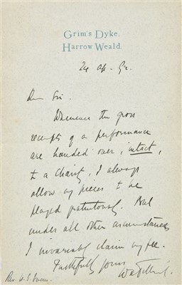 Lot 265 - Sullivan (Arthur, 1842-1900). Autograph letter signed, 'Arthur S. Sullivan', circa 1872