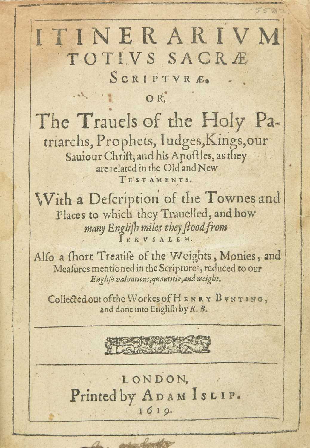 Lot 13 - Bünting (Heinrich). Itinerarium totius sacrae scripturae, 1st edition in English, 1619