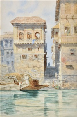 Lot 424 - Strahan (Geoffrey, 1839-1916). Middle Eastern buildings by a waterway, 1905