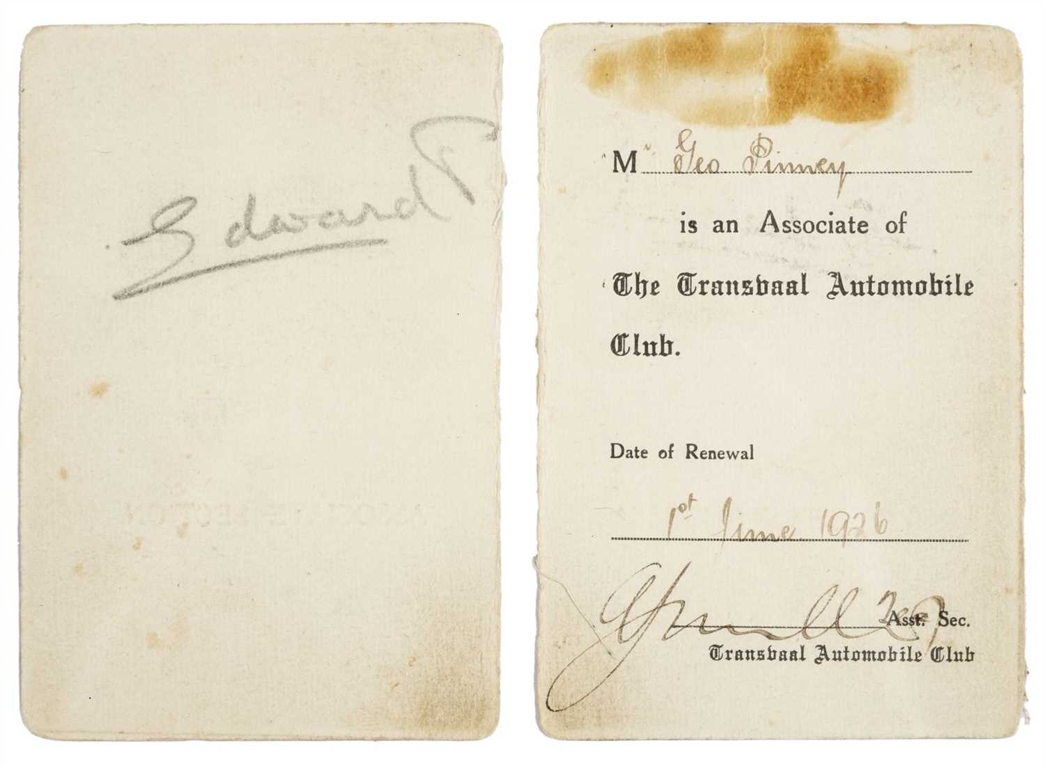 Lot 260 - Edward VIII (1894-1972). Associated membership card for the Transvaal Automobile Club