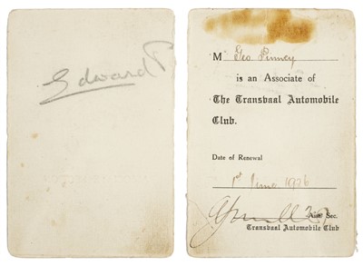 Lot 260 - Edward VIII (1894-1972). Associated membership card for the Transvaal Automobile Club