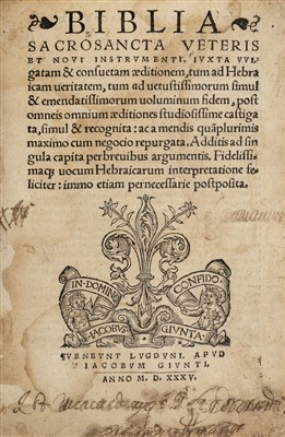 Lot 267 - Bible [Latin]. Biblia sacrosancta Veteris et Novi instrumenti. Veneunt Lugduni: Jacobum Giunti, 1535