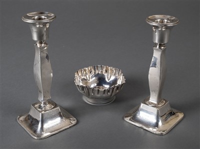 Lot 38 - Mixed silver. A pair of silver candlesticks and bowl