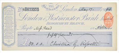 Lot 382 - Rossetti (Christina Georgina, 1830-1894). Signed cheque, 'Christina G. Rossetti', 17 May 1894