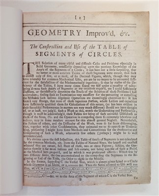 Lot 126 - Sharp, Abraham. Geometry Improv'd: 1. By a large and accurate table of segments of circles...