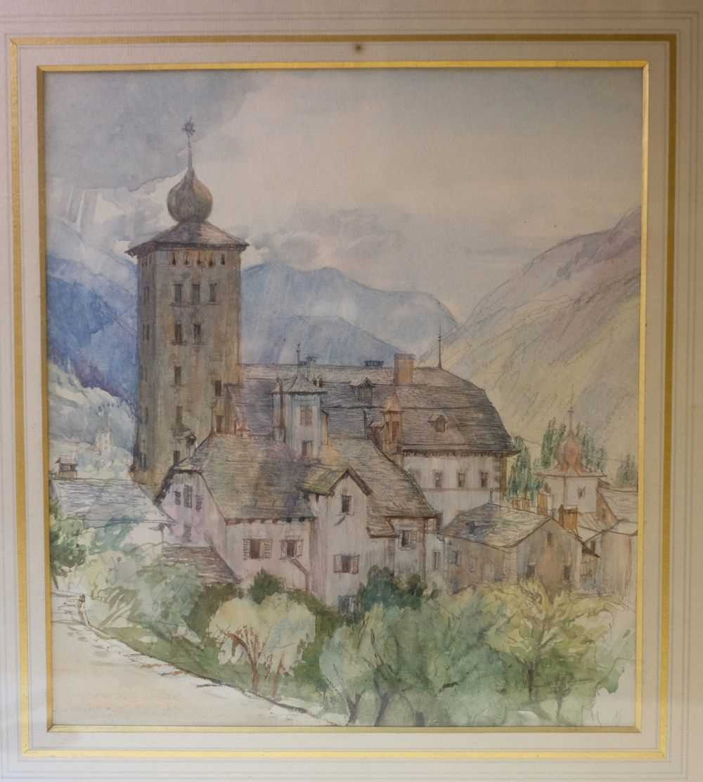 Lot 17 - Dodd (Francis H, 1874-1949), Stockalper Tower, Switzerland, watercolour on paper