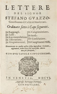 Lot 317 - Guazzo (Stefano). Lettere del Signor Stefano Guazzo, Venice 1606