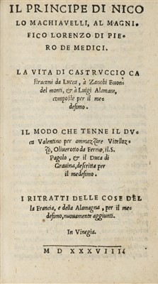 Lot 326 - Machiavelli (Niccolo). Discorsi, Venice 1543