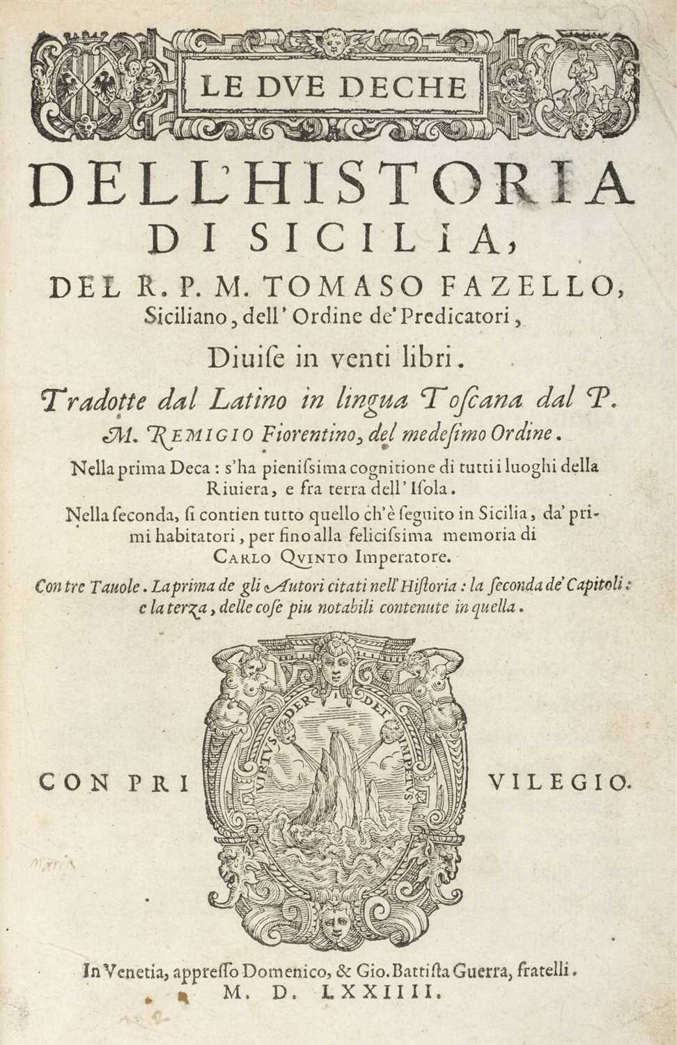 Lot 306 - Fazello (Tommaso). Le due deche dell'historia di Sicilia, 1st edition in Italian, 1574