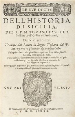 Lot 306 - Fazello (Tommaso). Le due deche dell'historia di Sicilia, 1st edition in Italian, 1574