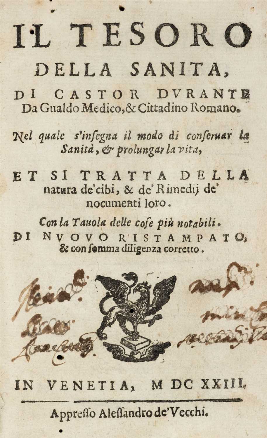 Lot 305 - Durante (Castore). Il Tesoro della Sanita, Venice, 1623
