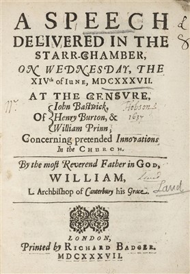 Lot 130 - Laud, William. A speech delivered in the Starr-Chamber, 1637
