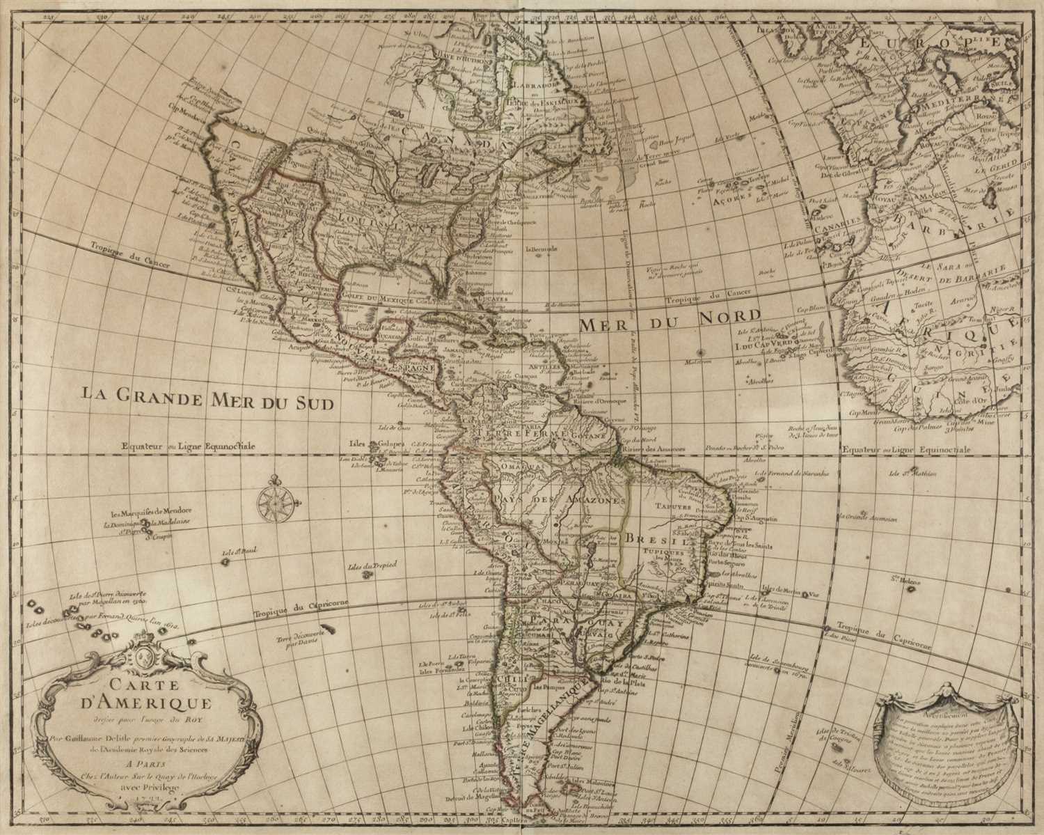 Lot 4 - Americas. De L'Isle (Guillaume), Carte d'Amerique, 1722