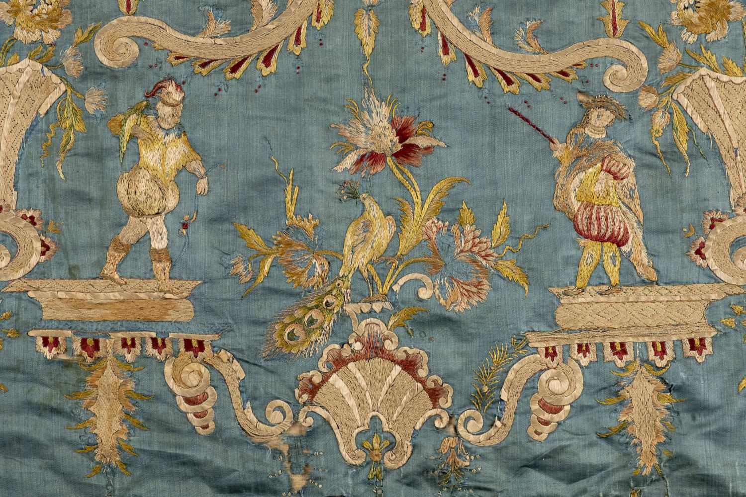 Lot 156 - Embroidery. A large silk rococo bed cover,