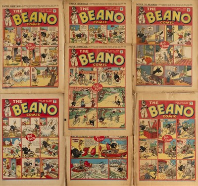 Lot 599 - Beano. The Beano Comic nos. 65, 66, 72, 73, 107, 108 & 122, together 7 issues, 1939-40
