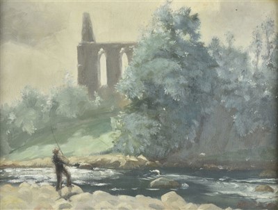 Lot 356 - Carr (Henry Marvell, 1894-1970). River Landscape with Fisherman and Ruins
