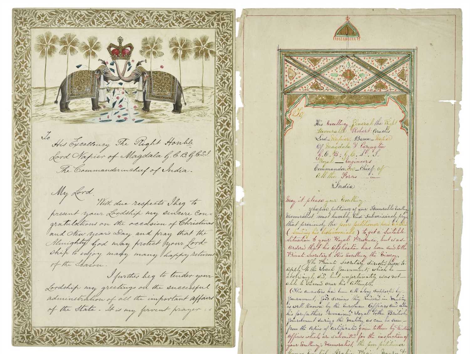 Lot 268 - India. Two illuminated letters to Robert Napier as commander-in-chief, India, 1873-6